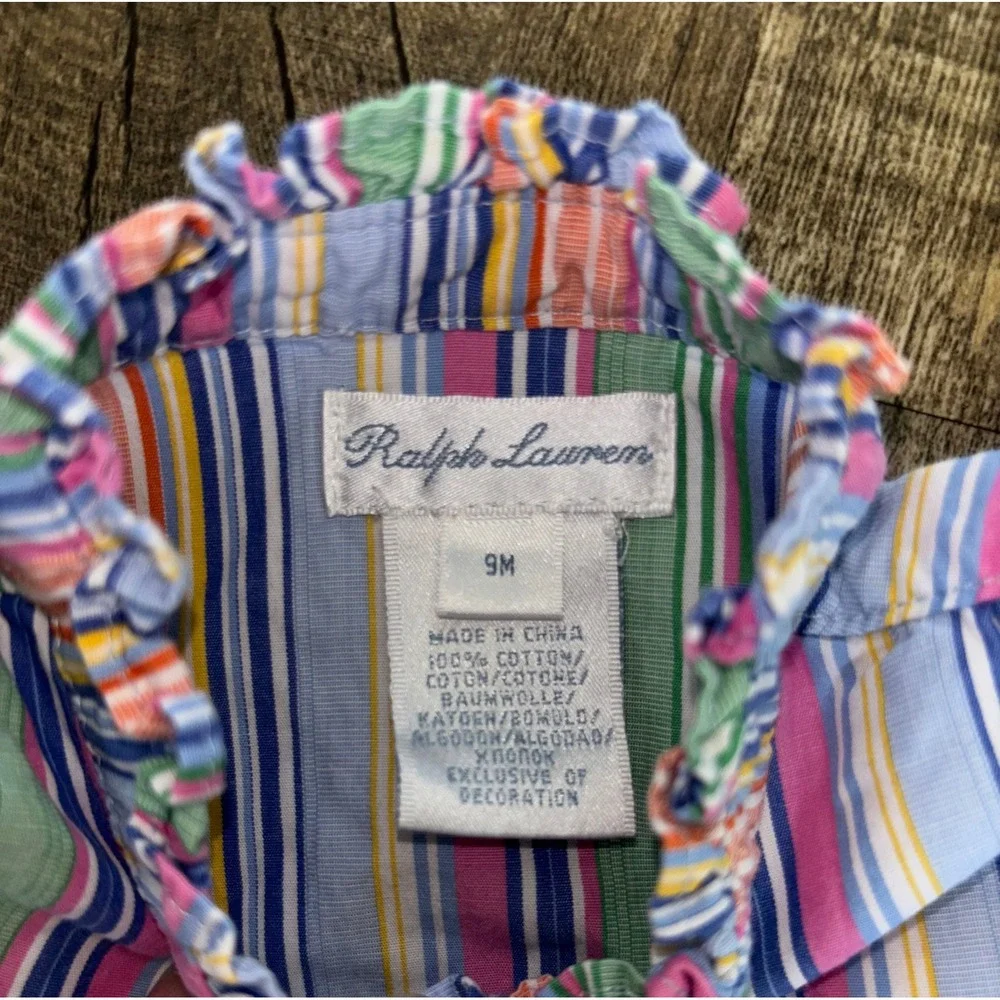 Ralph Lauren Baby Girl Multi Color Striped‎ Ruffle Collar Cotton Dress 9M